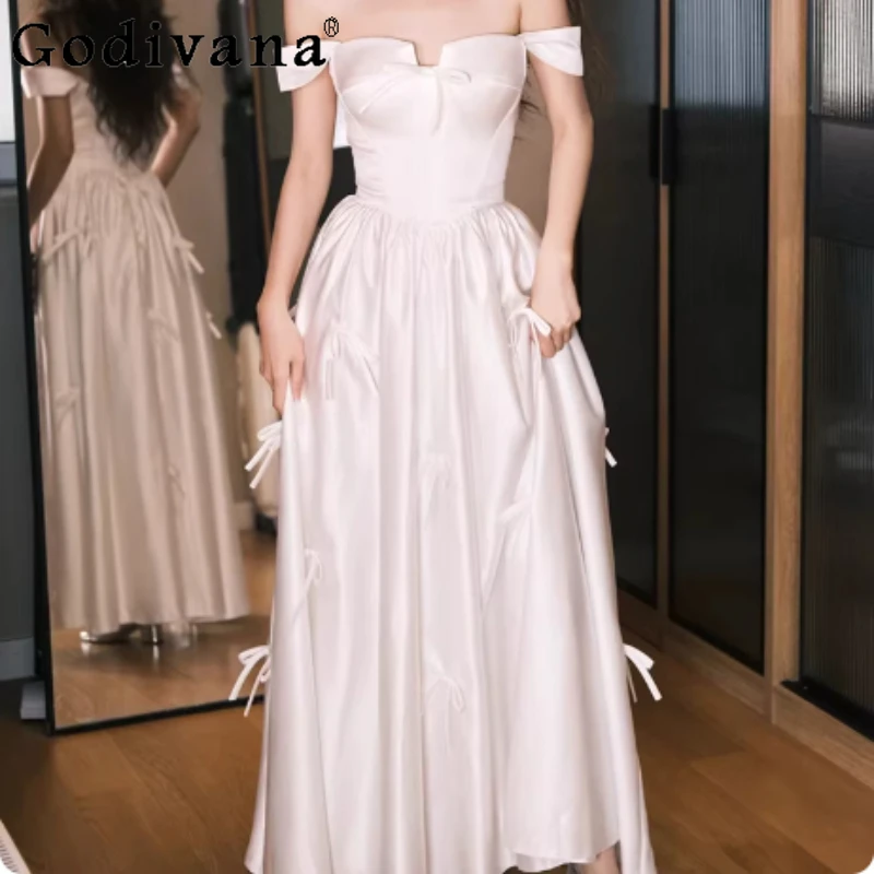 

Temperament Slash Neck Satin Korean Sweet Bow Korean White Wedding Dress Elegant Girl Versatile Romantic Banquet Evening Dresses