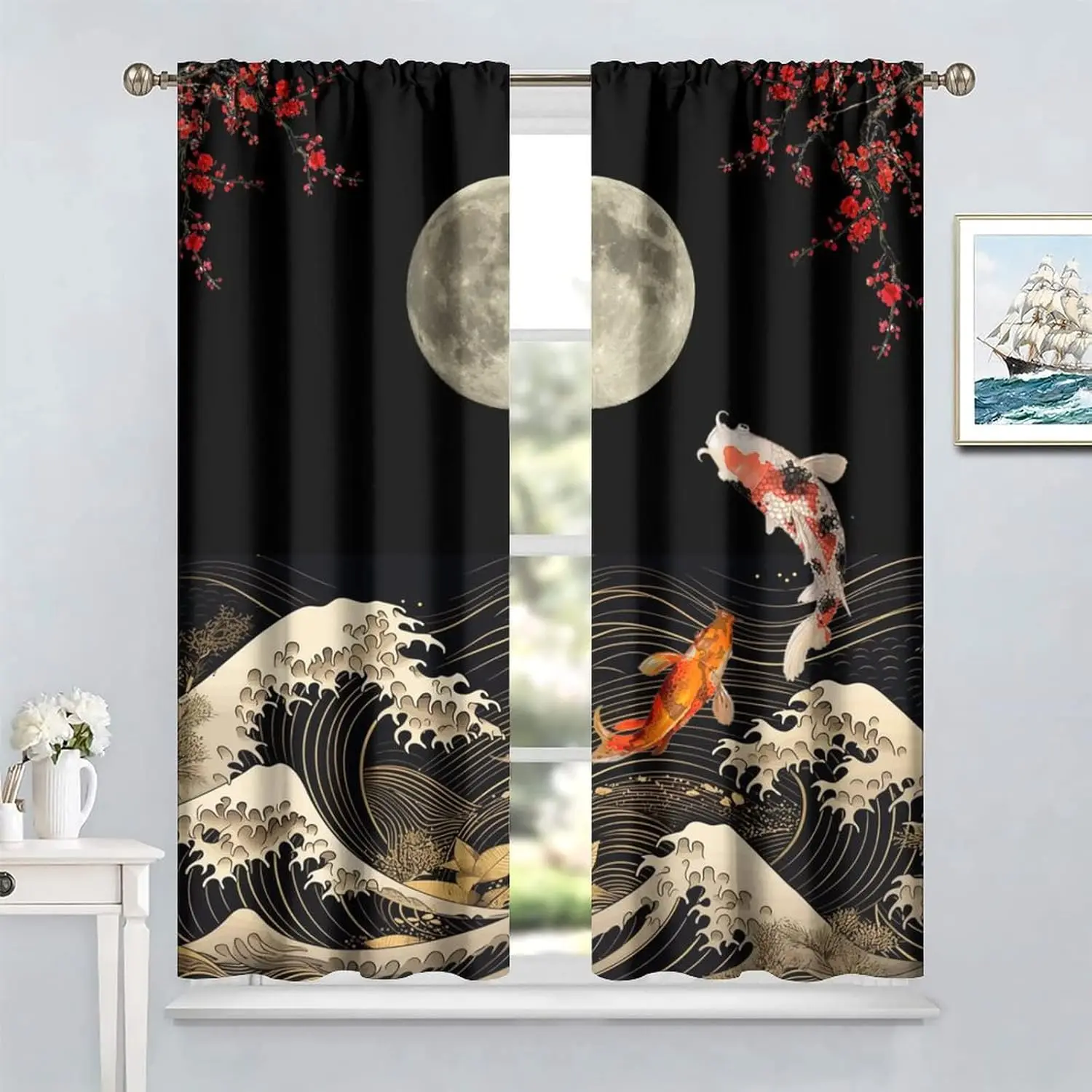 Koi Fish Curtains for Bedroom, Japanese Style Yin Yang Big Wave Cherry Blossom Window Treatments for Living Room, Oriental Koi