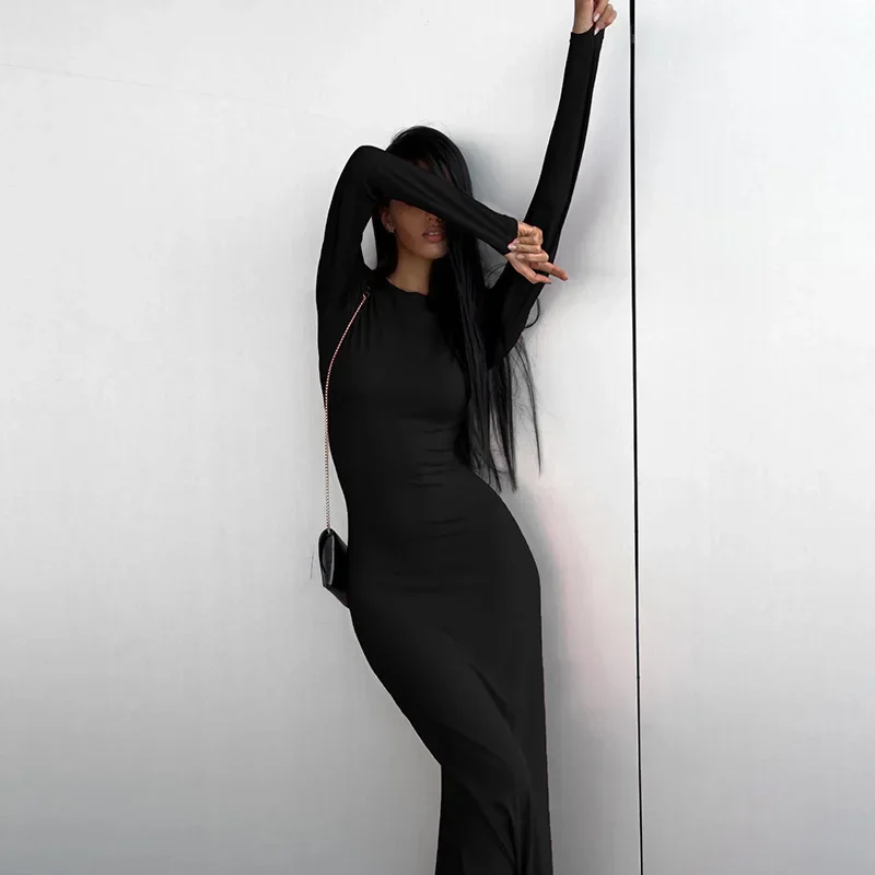 ITOOLIN Damen-Maxikleid mit seitlichem Schlitz, sexy, O-Ausschnitt, lange Ärmel, Party-Clubwear, langes Kleid, solides, körperformendes, figurbetontes Kleid für den Herbst