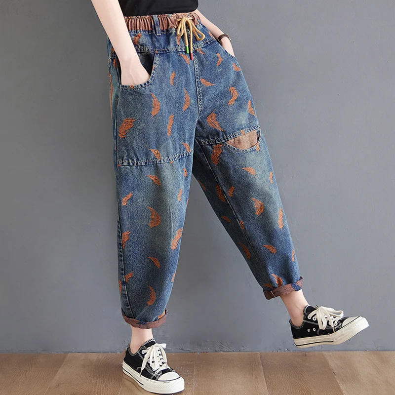 جينز عتيق مطرز بالريش بأرجل واسعة مقاس كبير سروال هارلان بخصر مطاطي للنساء بفخذ كبير تسع نقاط