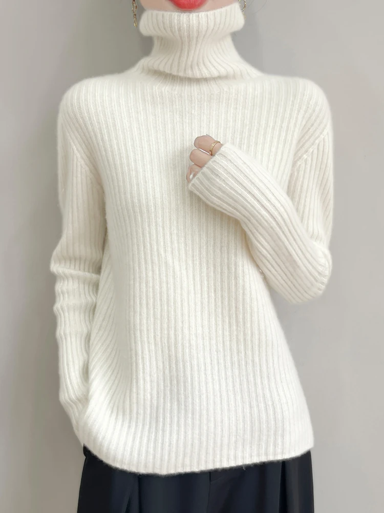 Ropa de otoño e invierno, jersey cálido suave y cómodo de lana 100% con cuello alto sin sensación de presión, ropa femenina, Tops