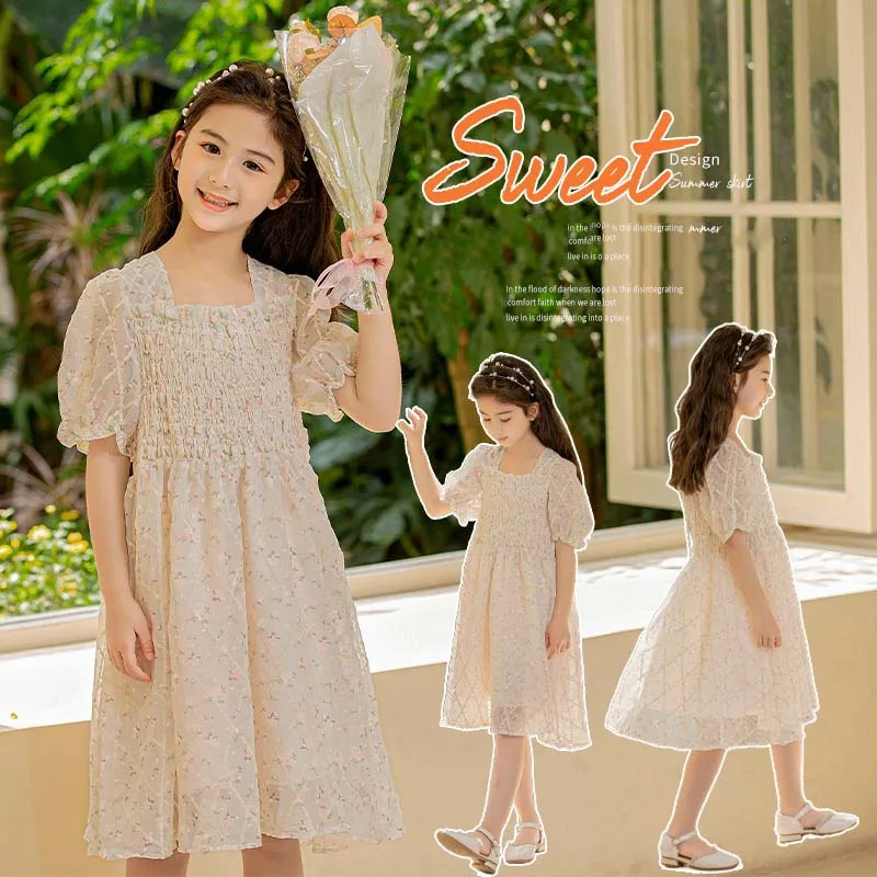 JUCPKID 2024 Korean Summer Junior Girl Pastoral Style Dress Children Girl Stretch Princess Dress School Girl Bubble Sleeve Dress