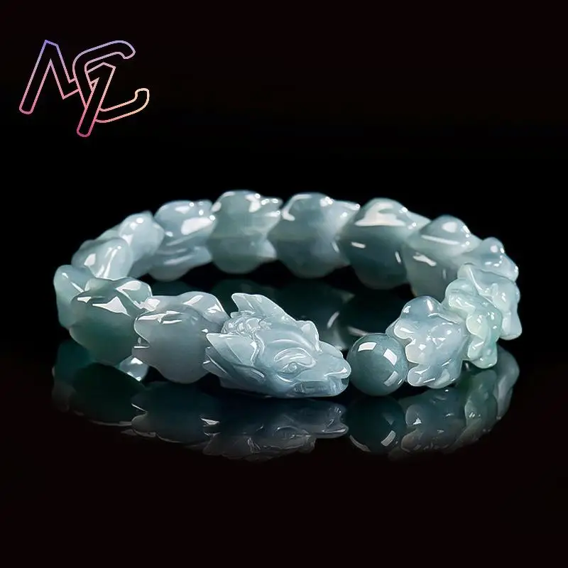 Blue Myanmar Jadeite Dragon Bracelet Talismans Natural Burmese Jade Stone Bangle Charm Amulet Carved Gemstone Vintage - Image 2