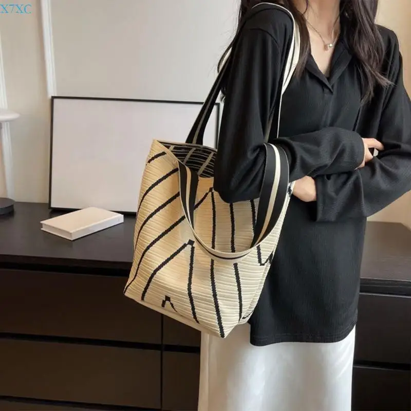 X7XC حقيبة يد نسائية محبوكة حقيبة كتف سعة كبيرة حقيبة الإبط حقيبة موجات دلو