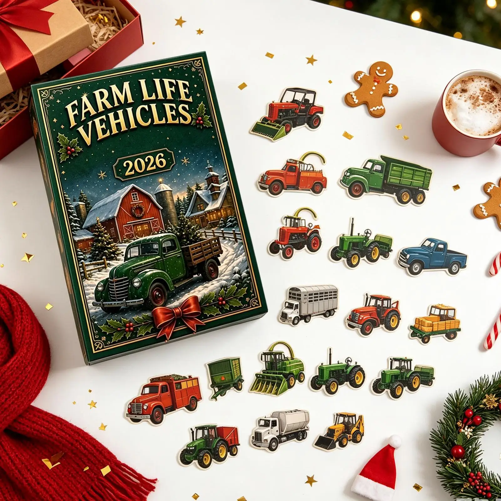 Christmas Advent Calendar Farm Machinery Vehicle Pattern 2D Flat Acrylic Christmas Tree Hanging Ornament 24 Day Countdown Gift