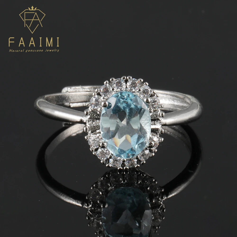 

100% natural topaz Gemstone Ring Women's adjustable copper silver plated ring Party Jewelry Oval Lucky Stone