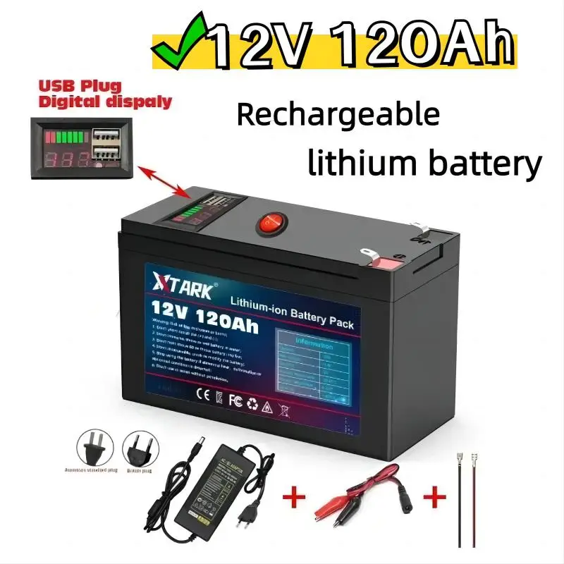 

NEW Sprayers 12V 120Ah Built-In High Current 30A BMS 18650 Lithium Battery Pack For Electric Vehicle Batterie Charger with USB