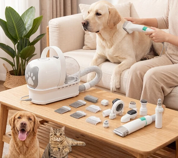 7-in-1 Pet Grooming Vacuum & Clipper Kit, Hair Suction Trimmer for Cats Dogs, Multifunctional Electric Shears