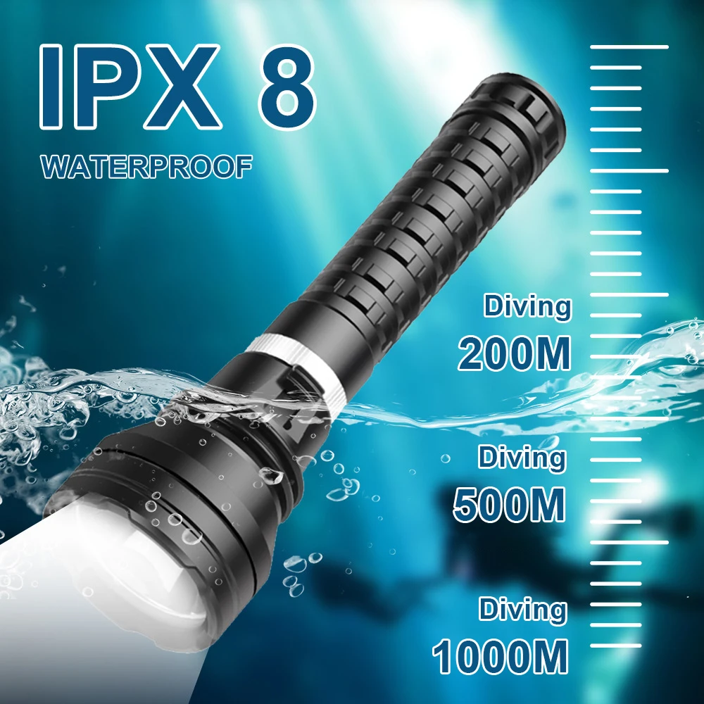 NEW High Power LED Diving Flashlight XHP190 Professional Underwater Lantern 18650 Battery IPX8 Waterproof Lamp With Hand Rope