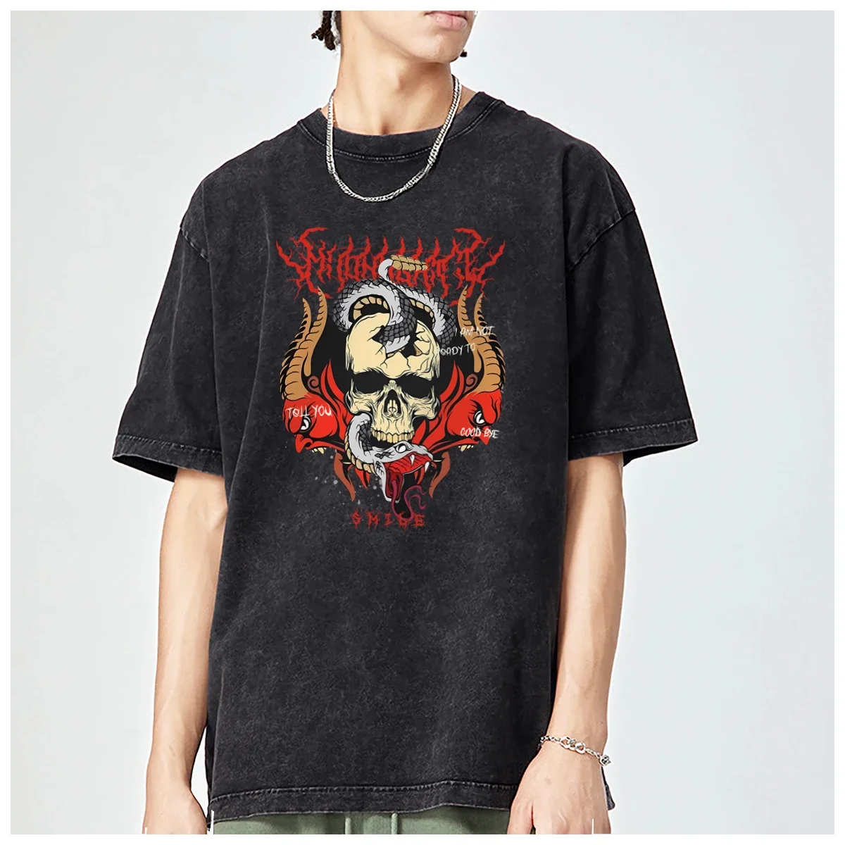 Burn skull Trend pattern funny cool harajuku Oversized t shirt mens Womens Trendy Fashion Casual Vintage Washed Cotton Tops Y2k