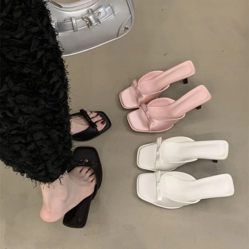 

New Style Popular Silver Silk Knot High Heel Sandals Open Toe Women's Shoes Fashion Low Cut Easy To Wear Summer Zapatos Mujer