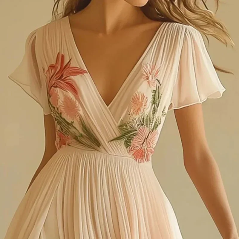 

Summer V Neck Floral Print Lady Chic Evening Gown Women Elegant Short Sleeve High Waist Party Dresses 2025 Women Holiday Dress