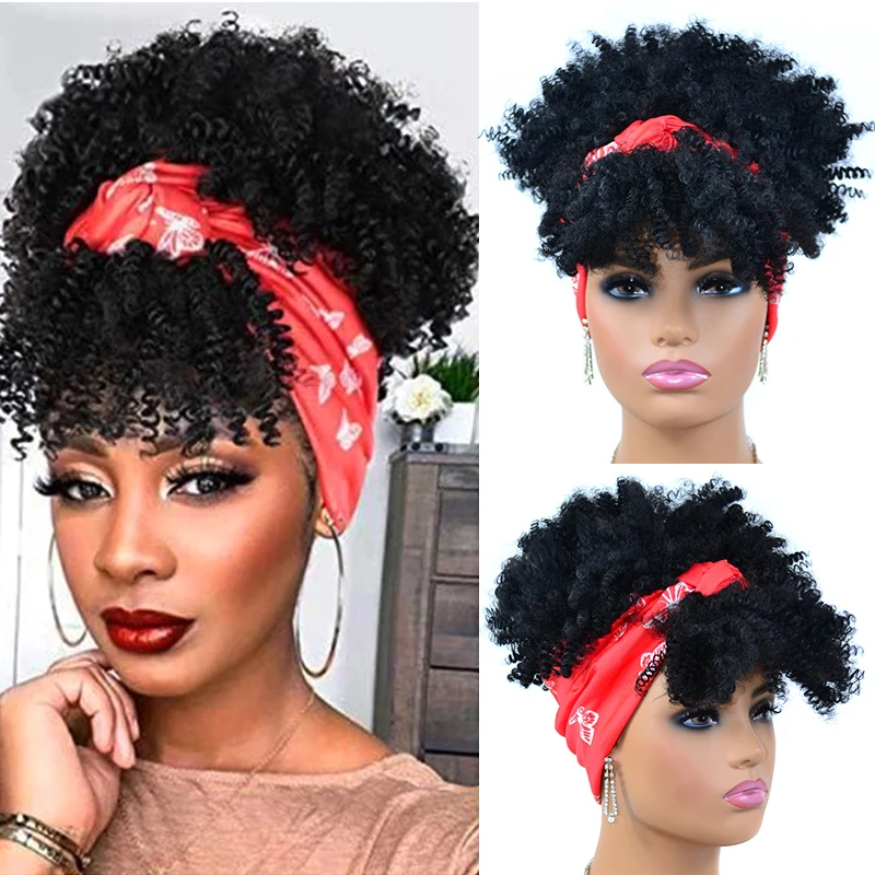 Kinky Curl Headband Wigs for Black Women Scarf Wigs Black Wig with Bangs Wig Turban Natural Wig Headbands Wigs for Black Women