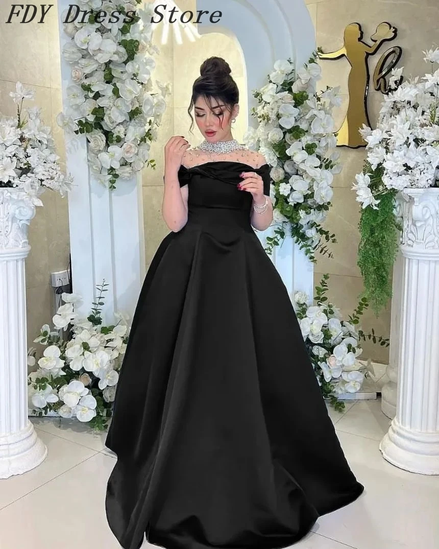 

Vintage Black Satin Evening Dresses Beadings Short Sleeves Prom Dresses Floor Length Formal Party Dresses vestidos de fiesta