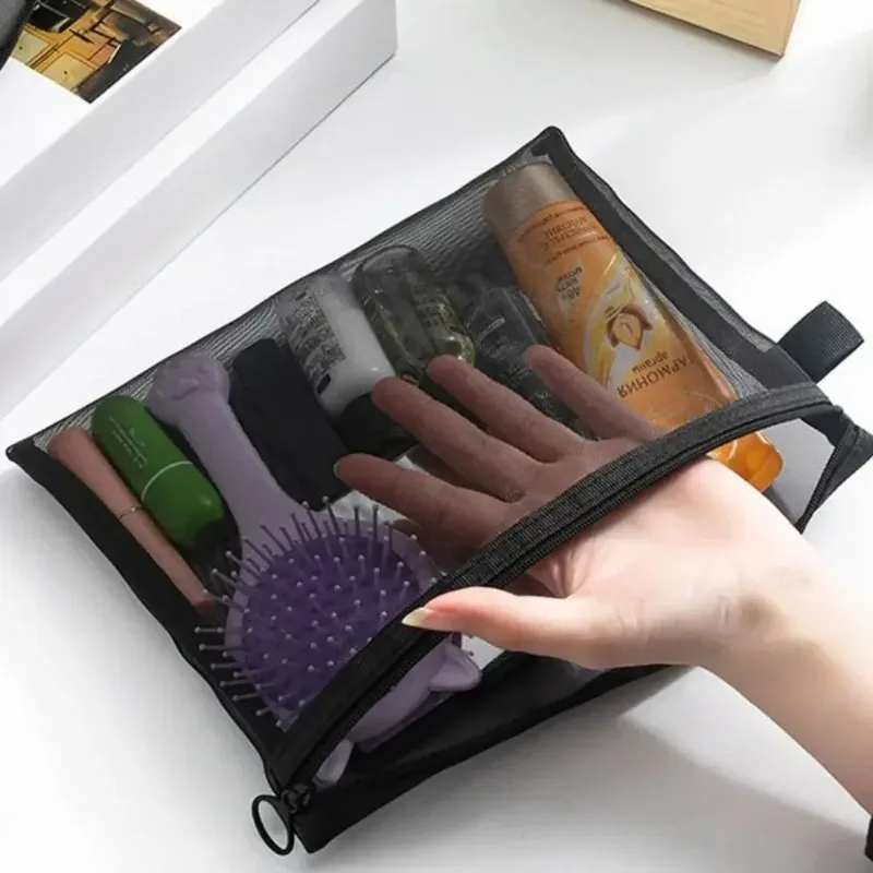 New Large Capacity Mesh Cosmetic Bag Portable Zipper Bags Pencil Cases Storage Toiletry Bag Transparent Pouch Makeup Bags Ladies