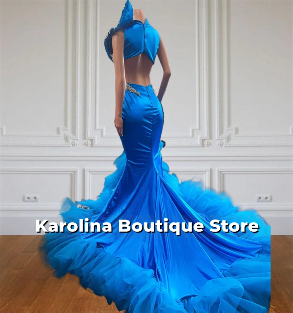 Amazing Blue Prom Dresses Black Girls 2024 Crystal Tassel Tulle Ruched Split Backless Birthday Party Dress Mermaid Customized