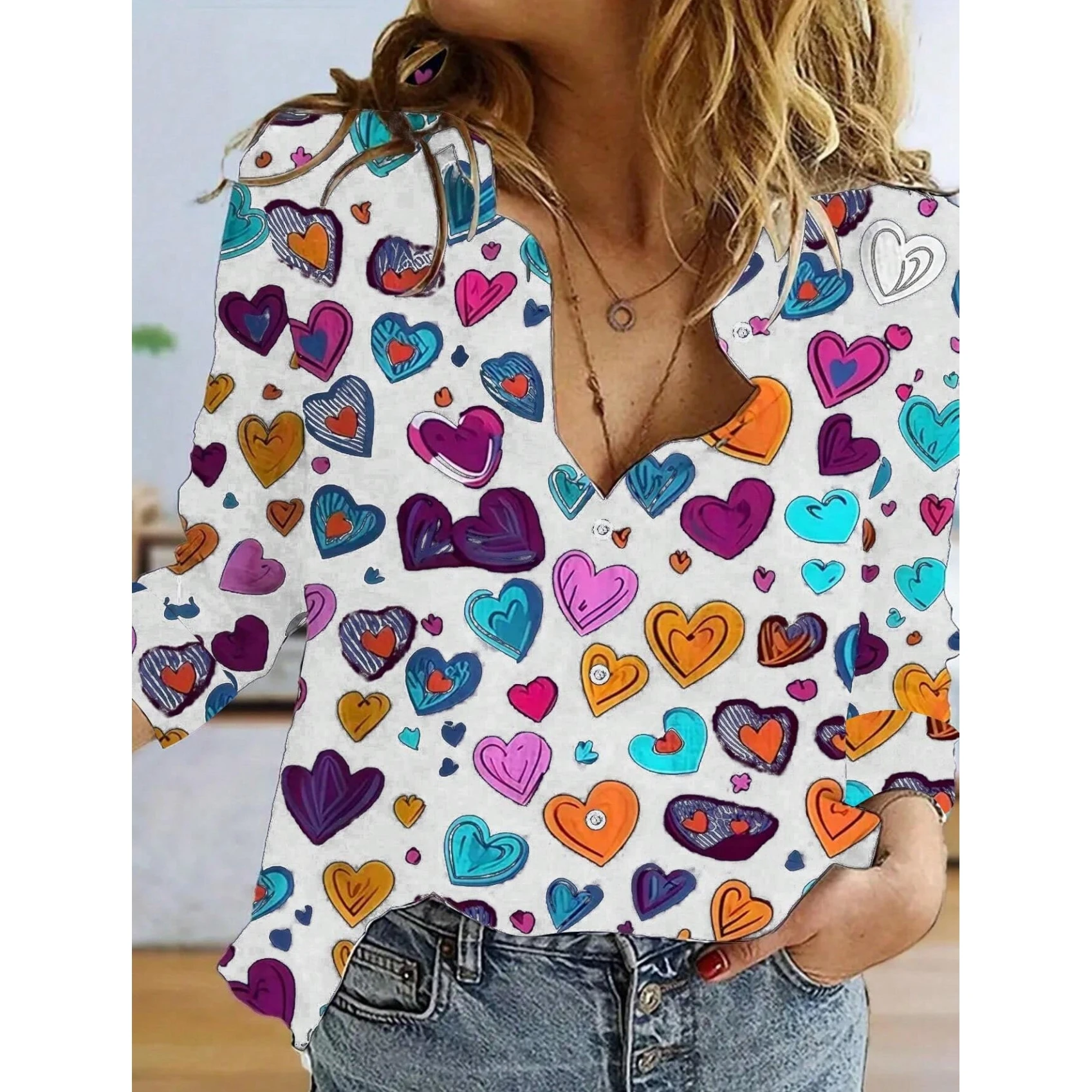 2024 Summer Love Graphic Blouses Long Sleeve Button Down Shirts Women Streetwear Loose Versatile Stand Collar Printed Shirts Top