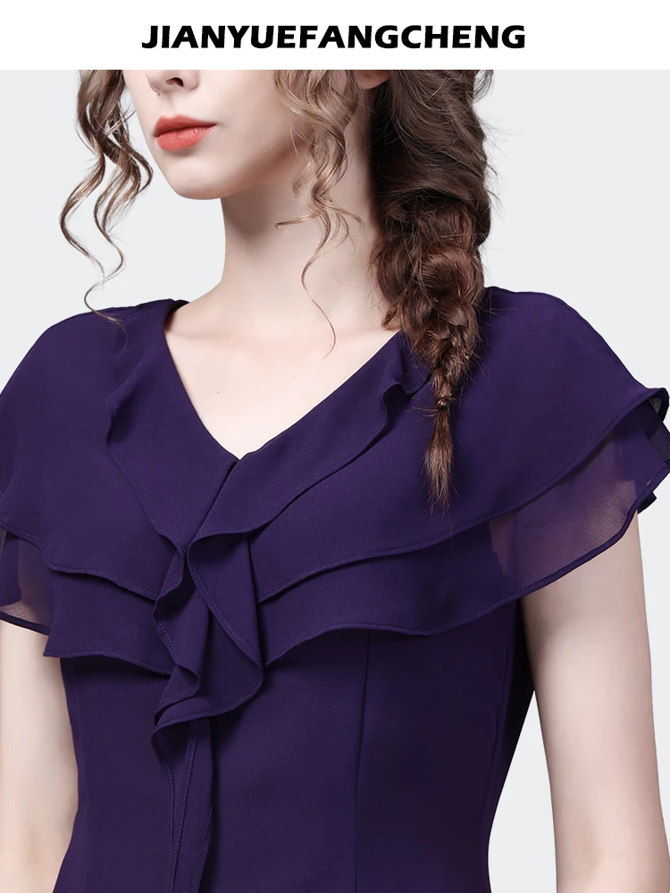 2024 Summer Women Short Sleeve V-neck Ruffle Chiffon Tops Elegant Slim French Style Female Purple Casual Office Blouses