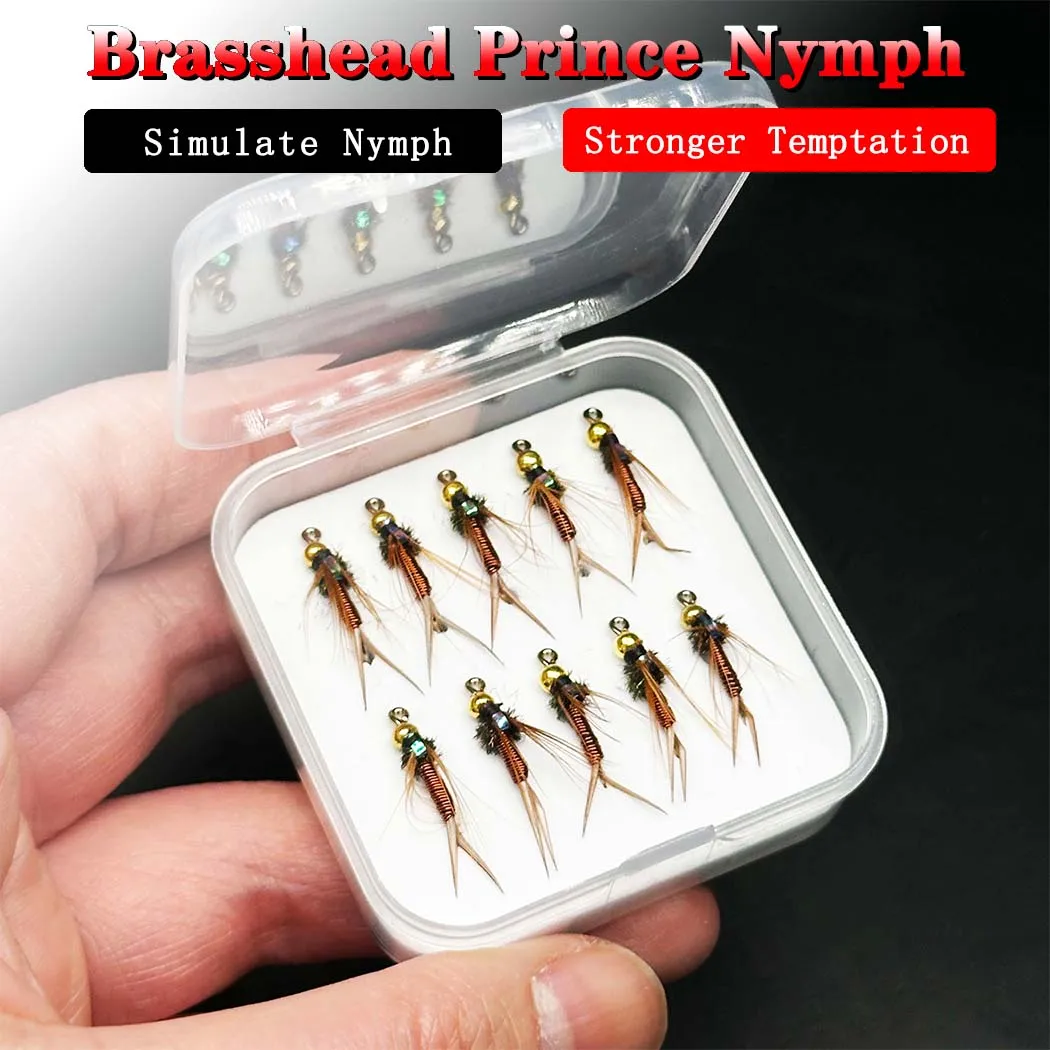 5/10 pçs iscas de pesca com mosca isca de inseto artificial brasshead príncipe ninfa água doce truta salmão pique baixo molhado flie biônica mosca
