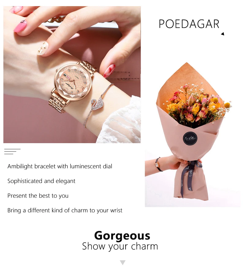 POEDAGAR Uhr Frauen Neue Mode Luxus Edelstahl Armbanduhr Armband Einfache Rose Gold Wasserdicht Leucht Damen Uhren – Detail 10