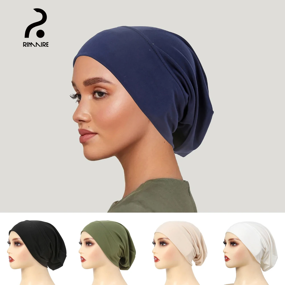 Navy Blue Soft Undercap Women Muslim Inner Hijab Classic Turban Hats Solid Ladies Headband Scarf Hair Cover Cap Headwrap RIMAIRE