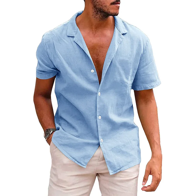 new Cotton Linen Blouse Summer Men Turn Down Collar Short Sleeve Button Loose Blouse Tops Oversized S-3XL