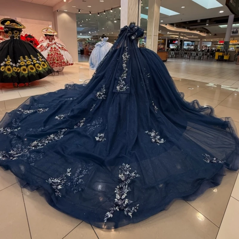 الأزرق الداكن لامعة فساتين Quinceanera الكرة ثوب قبالة الكتف زين الدانتيل الخرز القوس تول مشد الحلو 16 فستان Vestidos 15 De