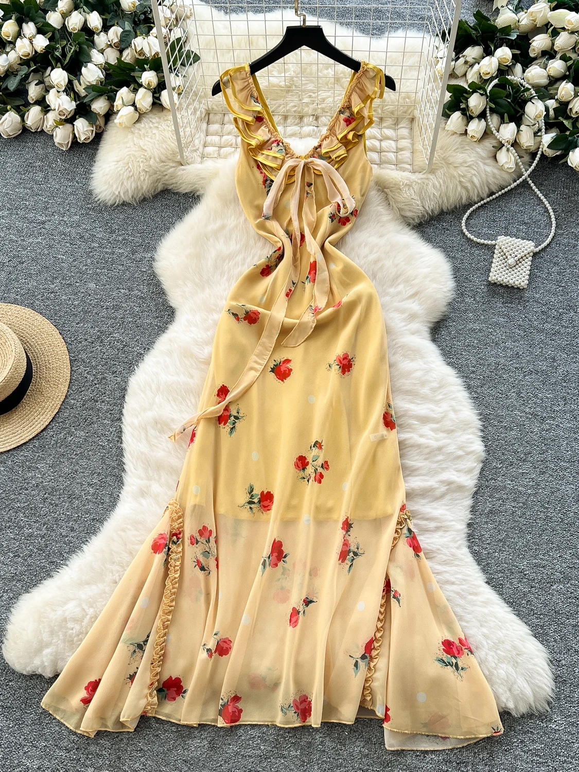 

Retro French V-neck Strap Waist Printed Dress for Women's Summer Sexy Slimming Fishtail Vestidos