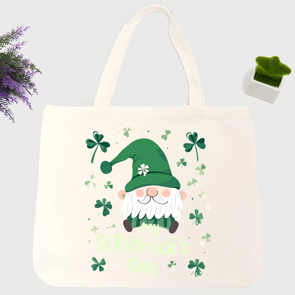 Women's shamrock and gnome print canvas tote bag, casual style for St. Patrick's Day celebrations and daily shopping