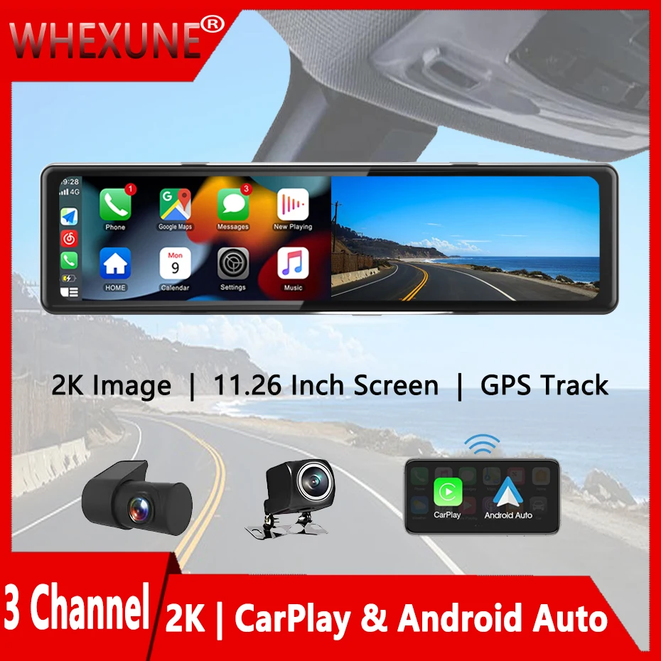 كاميرا داش 4K UHD 11.26 بوصة 3 قنوات GPS مع Apple Carplay اللاسلكية وكاميرا احتياطية للتحكم الصوتي Android رؤية ليلية بالأشعة تحت الحمراء
