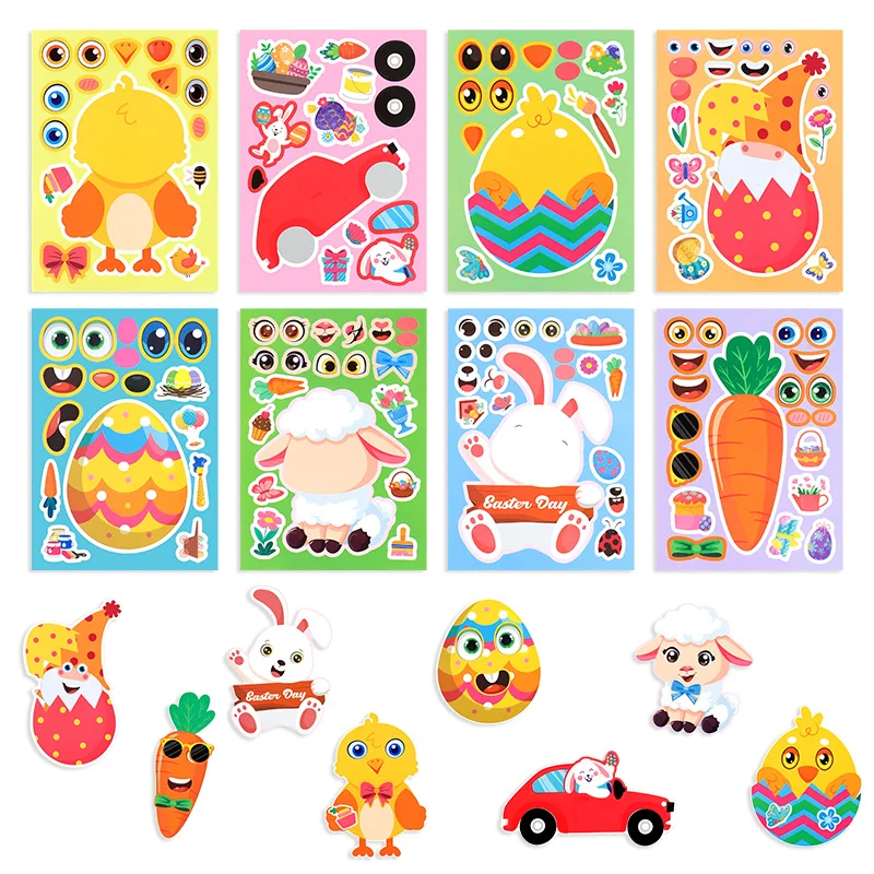 8/16Sheets Easter Puzzle Stickers Cute Rabbit Eggs Make a Face DIY Assemble Decals Jigsaw Toys 2025 Easter Party Kids Gift Game