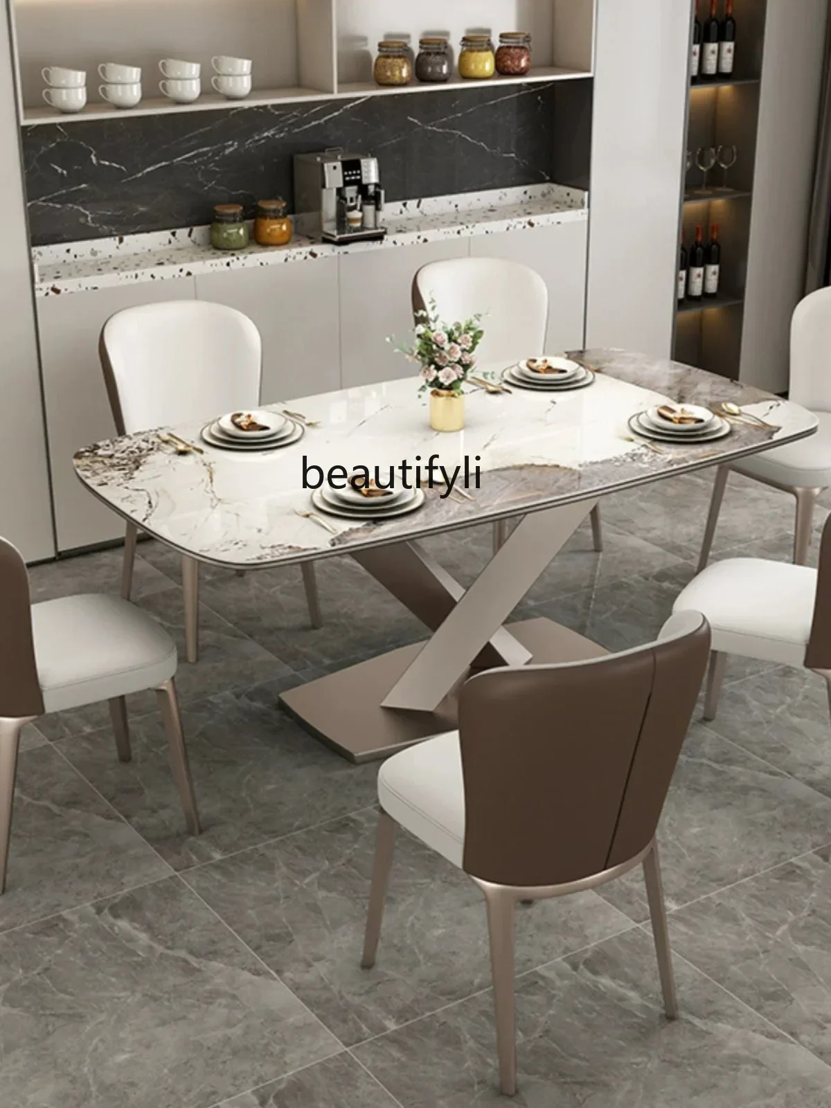 Bright Stone Plate Dining Table Light Luxury Household Small Apartment 4-Person Rectangular Chair Combination Dining Table