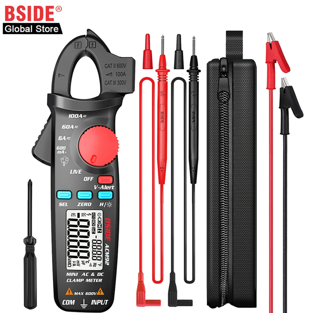 BSIDE ACM92 Digital Clamp Meter DC/AC Current 100A 0.1/1mA Car Repair Ammeter Voltage Resistance Hz V-Alert Continuity Tester
