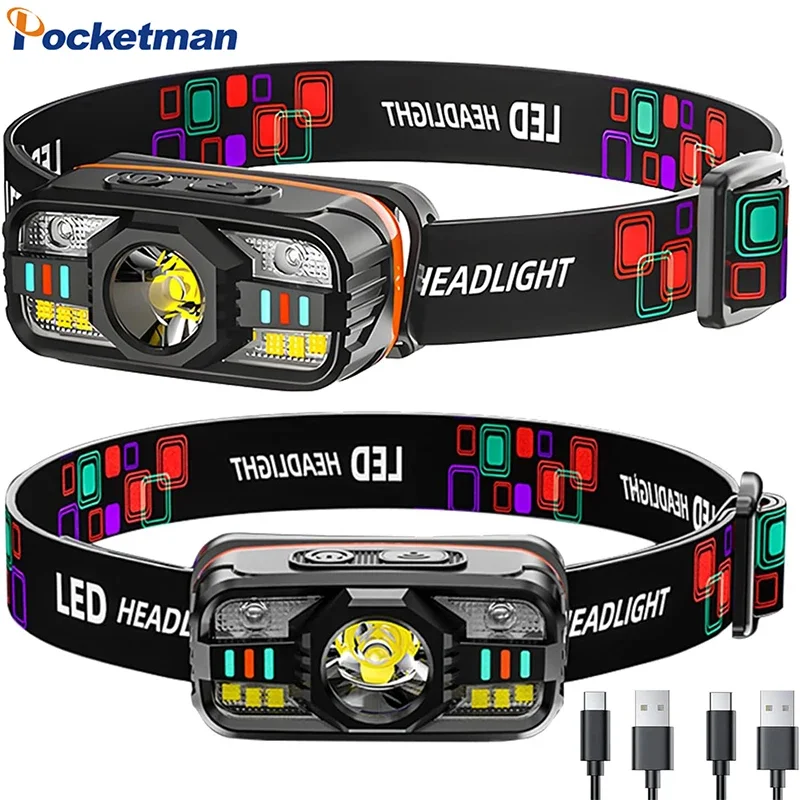 

IR Motion Sensor COB LED Headlamp USB Rechargeable Headlight Outdoor Waterproof Head Lamp with White/Red Warning Light