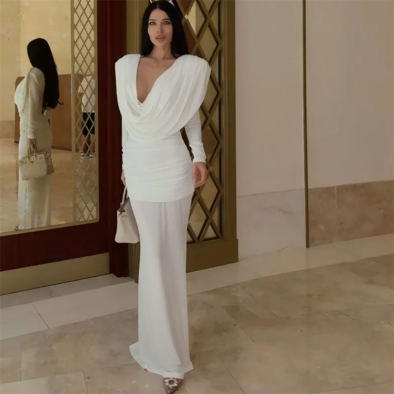 

Elegant White Black Women's Prom Dress Sexy Deep V Neck Backless Full Sleeves Formal Sheath Ruffles Pageant Party Evening Gown