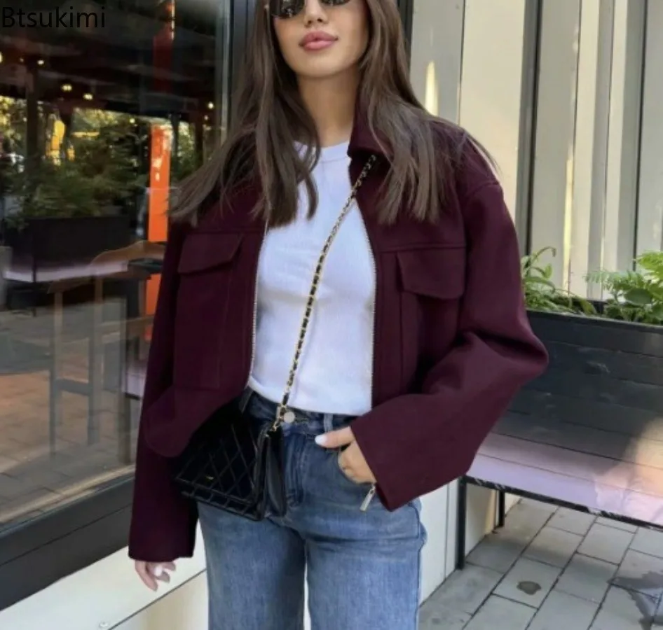 

2025 Autumn Winter Female Woolen Coat Fashion Big Pockets Women Jackets Coat Lady Front Zipper Long Sleeve Solid Warm Outerwear