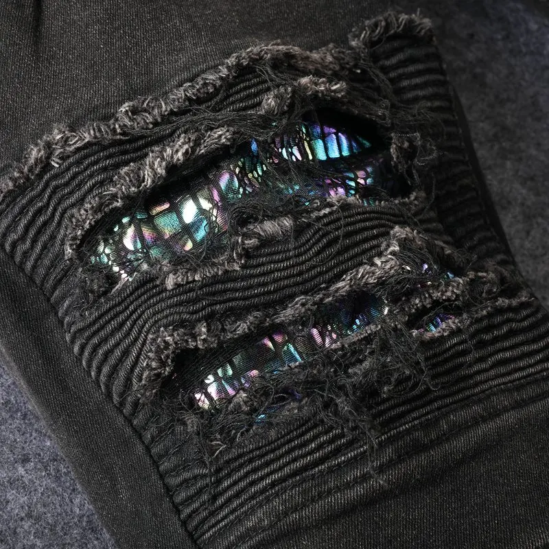 2024 fashion trend distressed jeans for men's motorcycle slim fit small feet Street retro washed casual denim long pants