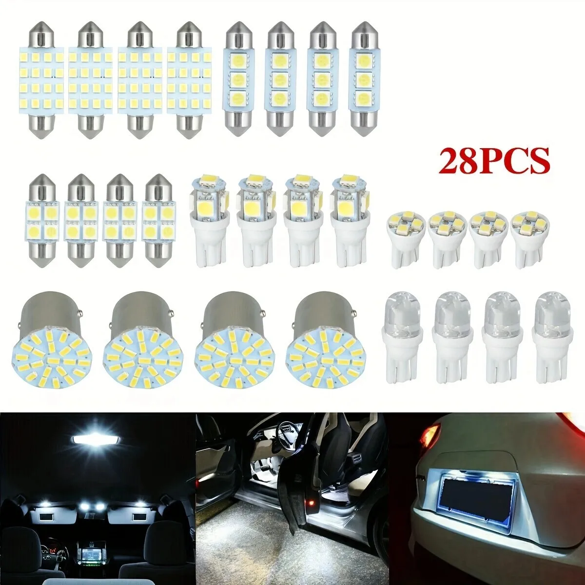 

NEW 28pc LED Interior Lights Bulbs Kit Car Dome Lamps 6000K Set, 31mm 6smd, 36mm 3smd, 41mm 16smd, T10 5smd, T10 0.2W, T10 4-SMD