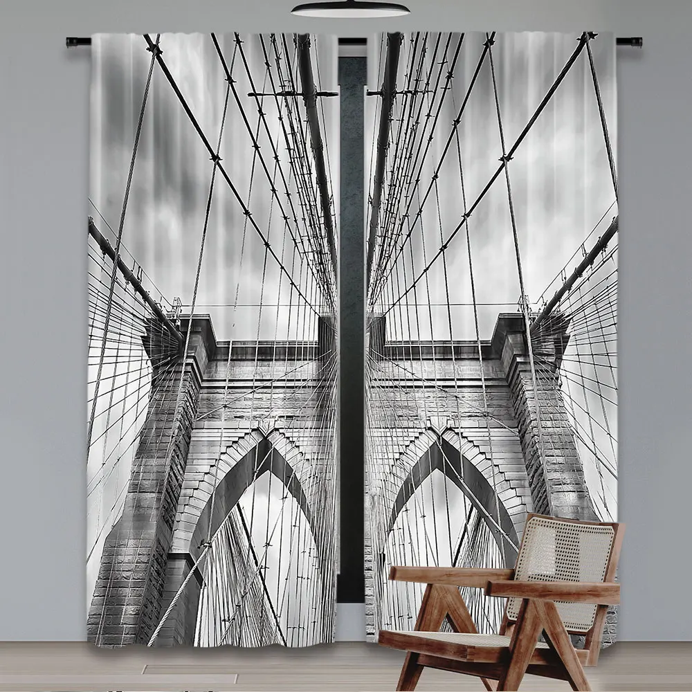 2Pcs Landscape Curtain Usa New York Brooklyn Bridge Cityscape Scenery Suitable For Bedroom Bathroom Living Room Dining Room