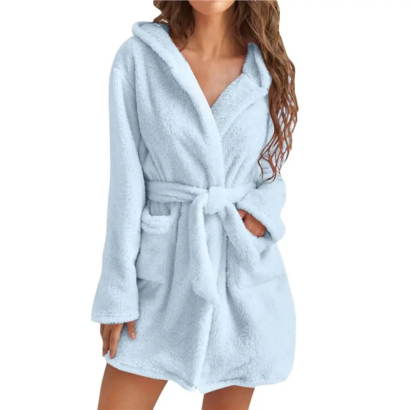 

【GIFT】Women's Plush Mid-Length Belt Soft Bathrobe With Pockets Autumn And Winter Hooded Home Plush Pajamas