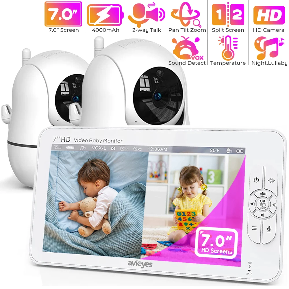 

7.0" Large Split Screen Baby Monitor with 2 Cameras Two-way Talk Night Vision PTZ Baby Phone No WiFi Nanny Monitors VOX Mode