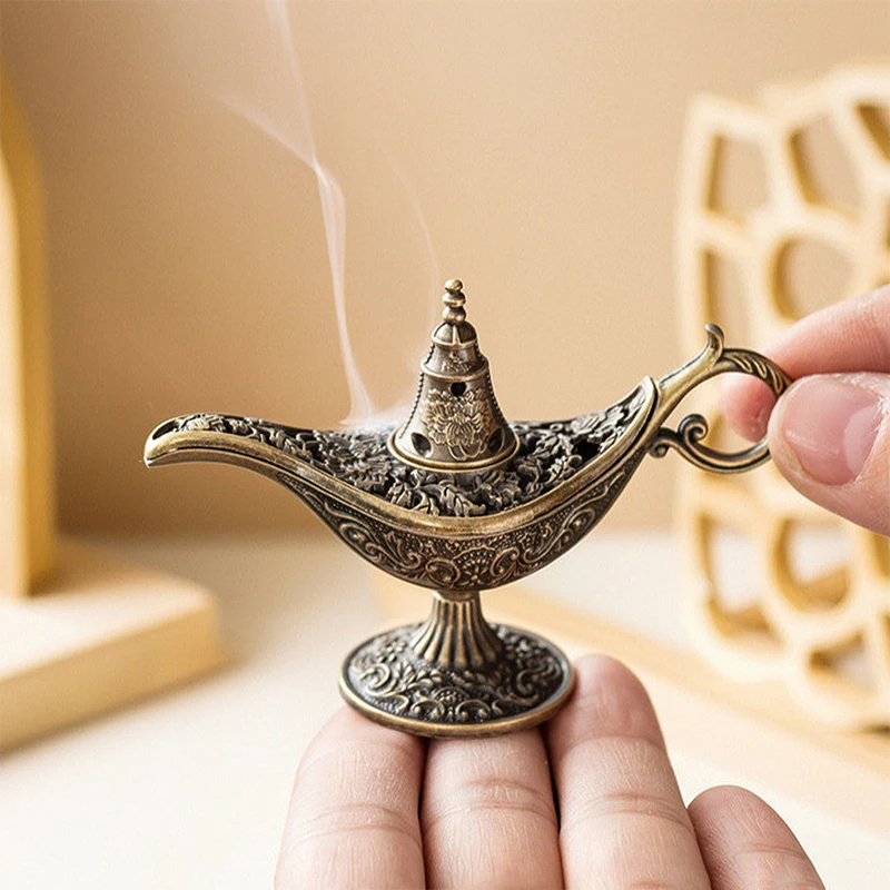 Weihrauchbrenner Magische Lampe Zinklegierung Vintage Hohlgeschnitzt Räucherofen für Weihrauchtabletten Meditation Zen Wohndekoration Dekoartikel Geschenk – Detail 5