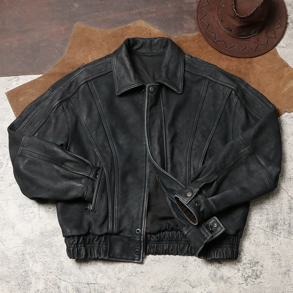 

Tailor Brando Heavyweight Brushed Cowhide Men's Loose Fit Vintage 90'S Classic Genuine Leather Jacket