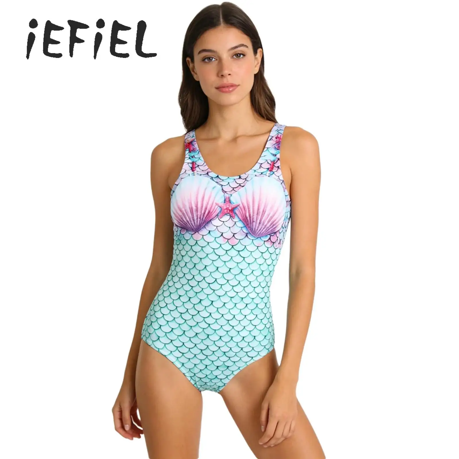 Women One Piece Swimsuit Mermaid Bodysuit 3D Fish Scale Print Bathing Suit Bikini Slimming Swimwear Snorkeling Swimming Leotard