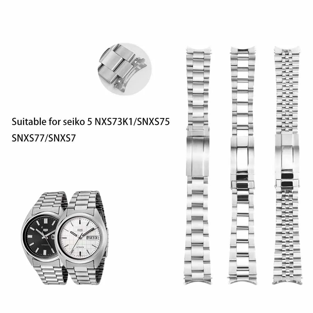 セイコー-5-シルバー時計バンド-18-ミリメートル-19-ミリメートルカーブエンドソリッド時計ストラップフィット-nxs73k1-snxs7-snxs75-snxs77-ジュビリーオイスターストラップブレスレット