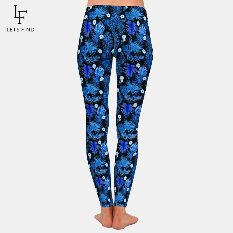 LETSFIND High Waist Sexy Women Pants High Quaility 3D  Blue Leaves of Palm Tree and Flowers Print Fitness Slim Stretch Leggings