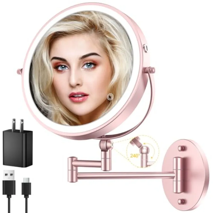 

9-дюймовое настенное зеркало для макияжа с подсветкой, 4000 мАч, перезаряжаемое, двустороннее, с увеличением 1X/10X, с сенсорным диммером и выдвижной подставкой