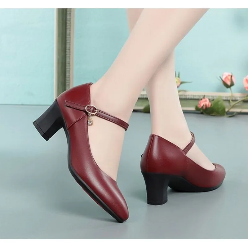 Women Pumps Fashion Sweet Red Comfort Buckle Strap Square Heel Lady Casual Basic Black Pu Leather Office Work High Heels Shoes