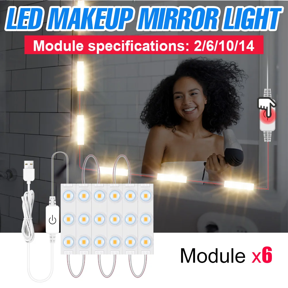 Lámpara LED con atenuación táctil para espejo de maquillaje, luz LED para tocador de baño, decoración de pared para dormitorio y tocador