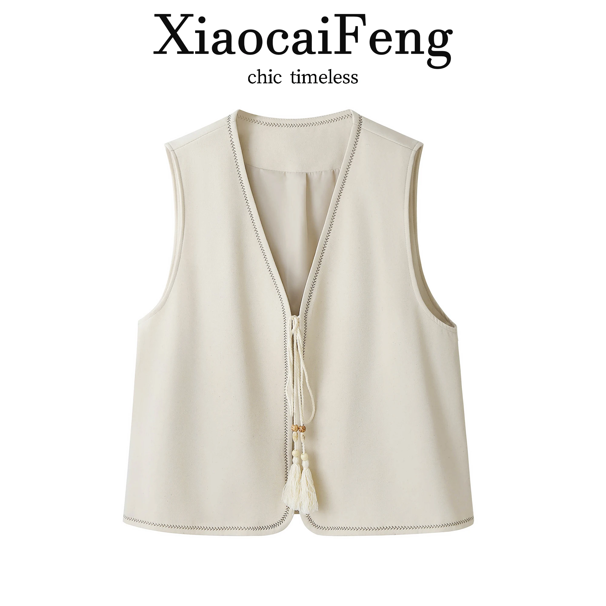 

Retro Stitched Belt V-neck Women's Sleeveless Vest Spring Summer Fashionable Trendy Shoulder Pad Jacket Outerwear